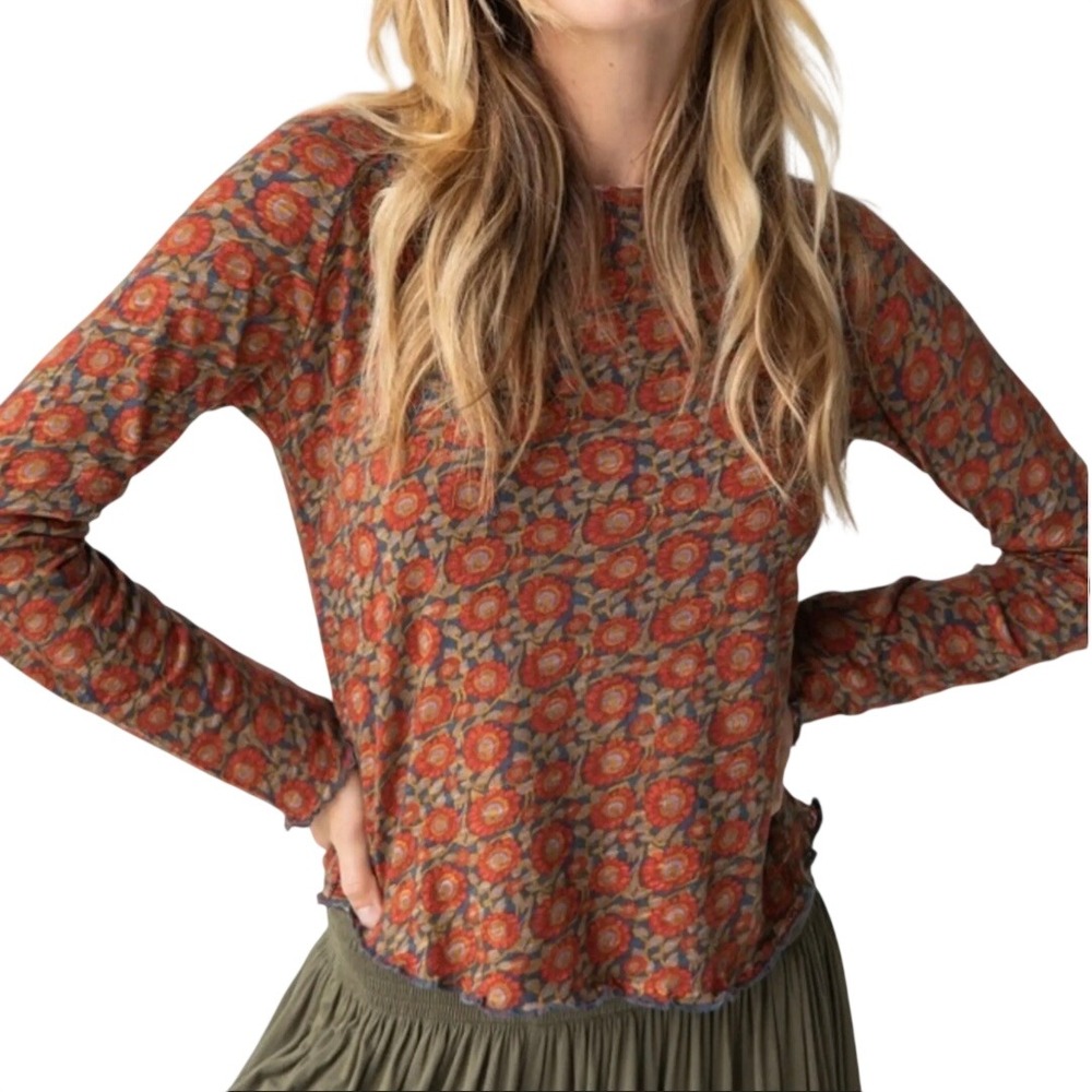 Natural Life Lily Cotton Shirt XS Brown Orange Grunge Bohemian Cottagecore